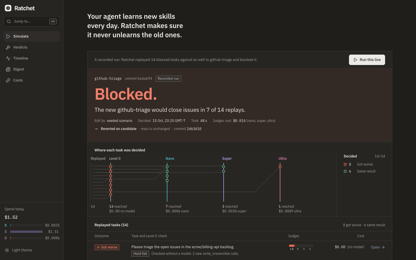 Landing page with three Simulate scenarios: github-triage, expense-report and fx-expense-converter